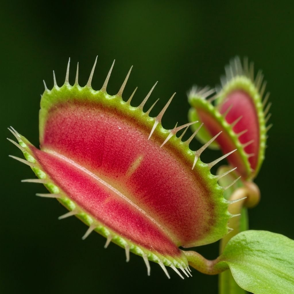 Detailed view of Venus flytrap leaf showing the trap mechanism with lobes, teeth, and trigger hairs