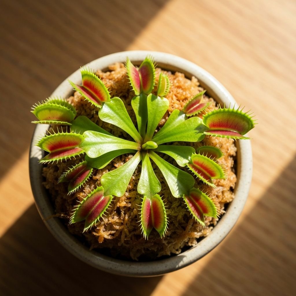Venus flytrap plants growing in a ceramic pot with sphagnum moss