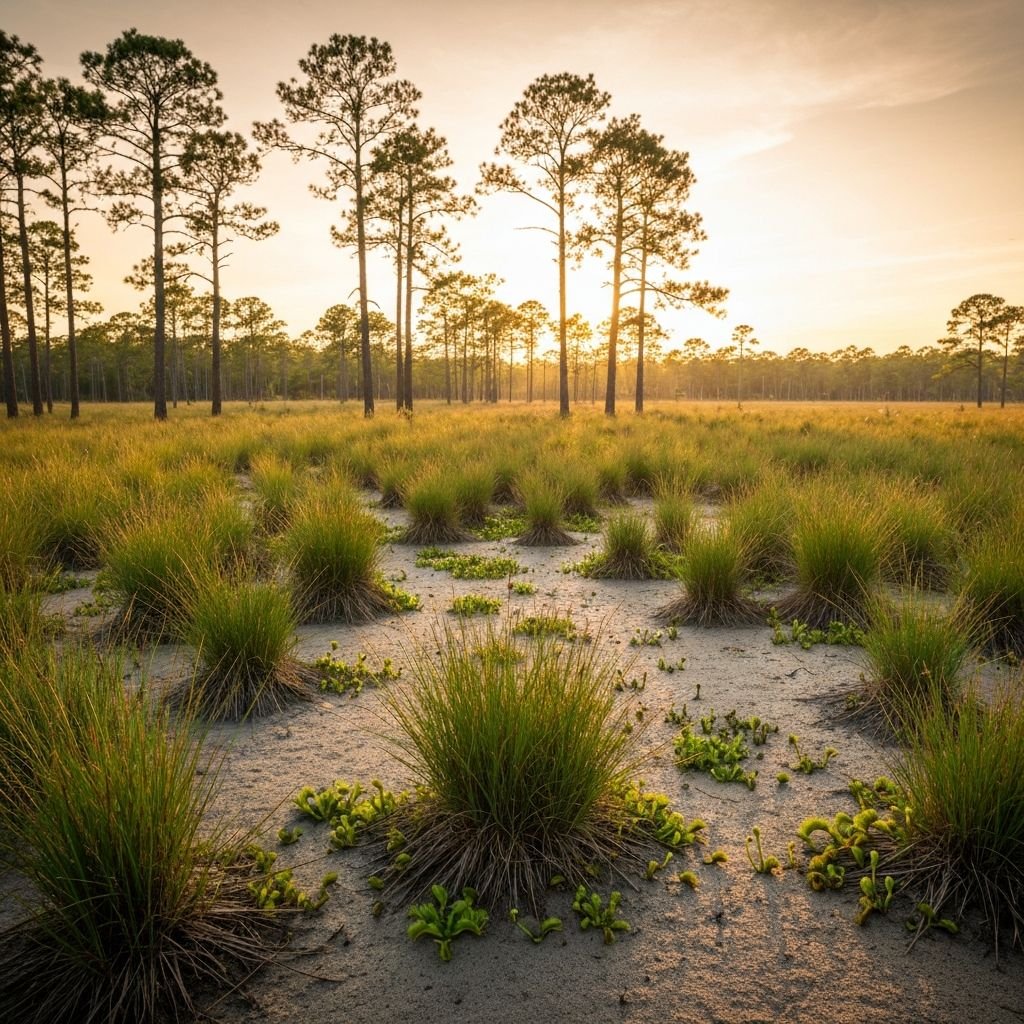Carolina wetland bog habitat with longleaf pine trees where Venus flytraps grow naturally