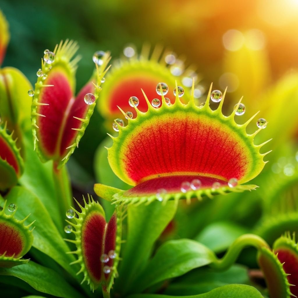 Close-up of a Venus flytrap with its jaw-like leaves open
